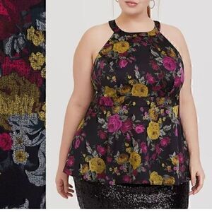 Torrid Black Floral Satin Peplum Keyhole Top Size M/L NWT​